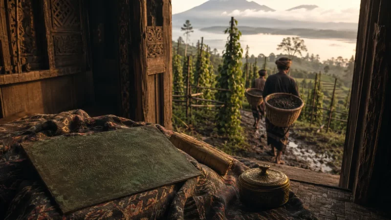 Ilustrasi kebun lada dengan sulur merambat pada tiang kayu di dataran tinggi berkabut, dua warga memikul keranjang rotan berisi lada kering di samping rumah kayu berukir