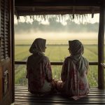 Ilustrasi percakapan dua perempuan berkebaya di beranda rumah panggung kayu Sunda dengan latar sawah berkabut pagi.