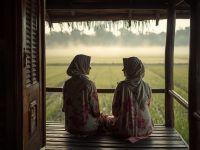 Ilustrasi percakapan dua perempuan berkebaya di beranda rumah panggung kayu Sunda dengan latar sawah berkabut pagi.