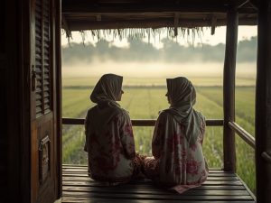 Ilustrasi percakapan dua perempuan berkebaya di beranda rumah panggung kayu Sunda dengan latar sawah berkabut pagi.