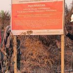 Petugas Kementerian Kehutanan memeriksa papan peringatan larangan membakar lahan di areal perusahaan kehutanan di Kalima