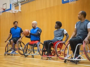 Ilustrasi atlet bola basket kursi roda saat berlatih
