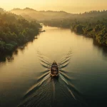 Perahu kayu tradisional melaju di sungai lebar yang membelah hutan tropis saat matahari terbit, perbukitan tampak di kejauhan