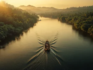 Perahu kayu tradisional melaju di sungai lebar yang membelah hutan tropis saat matahari terbit, perbukitan tampak di kejauhan