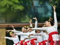 Penari mengenakan busana tradisional Indonesia dalam sebuah pertunjukan