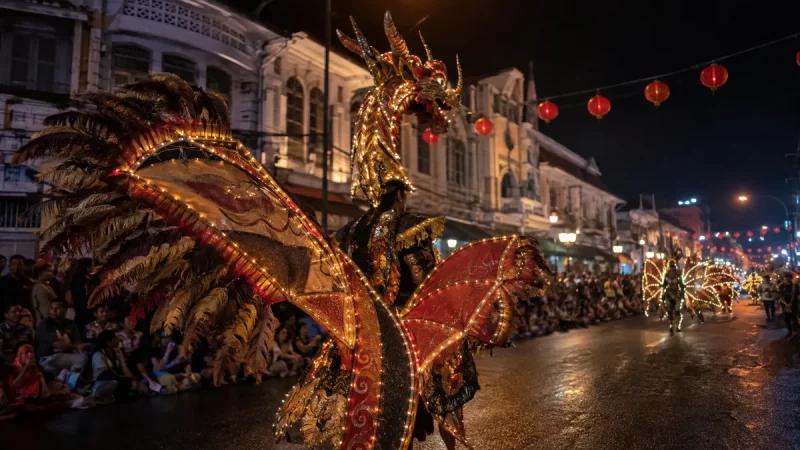 Ilustrasi seorang penampil mengenakan kostum karnaval bersayap lebar berhias bulu dan untaian lampu kecil dengan hiasan kepala menyerupai kepala naga, berarak di jalan kota berbangunan kolonial pada malam hari