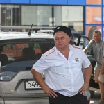 Petugas Cossack berjaga di antrean kendaraan pada sebuah stasiun pengisian bensin di Anapa, Rusia, saat kelangkaan bahan bakar.