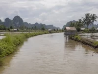 Sungai keruh di dataran rendah yang diapit tambak air payau dan perbukitan karst.