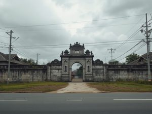 Ilustrasi sisa gerbang batu bekas istana Melayu di tepi jalan dikelilingi rumah baru
