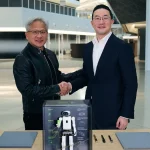 Jensen Huang dan Kwang Mo Koo berjabat tangan di markas Nvidia, Santa Clara