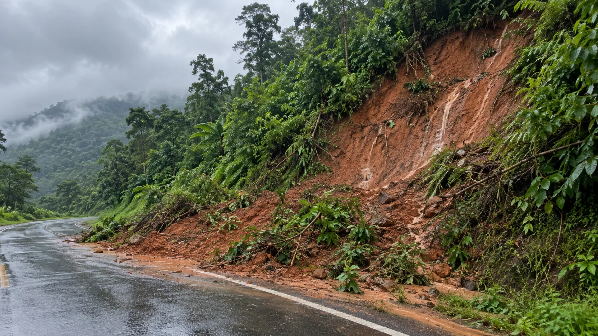 Longsoran dangkal tanah merah menutupi bahu jalan aspal yang basah.