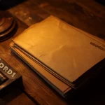 Tumpukan majalah lawas menguning di samping huruf cetak logam dan rol tinta