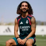 Marc Cucurella mengenakan kaus latihan Real Madrid dan duduk di tepi lapangan sambil tersenyum