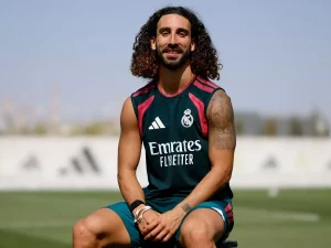 Marc Cucurella mengenakan kaus latihan Real Madrid dan duduk di tepi lapangan sambil tersenyum