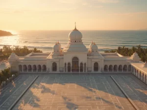 Masjid berhalaman luas berdiri di kawasan pesisir dengan laut di belakangnya