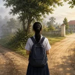 Ilustrasi seorang siswi berseragam berdiri di persimpangan jalan desa menuju gerbang sekolah.