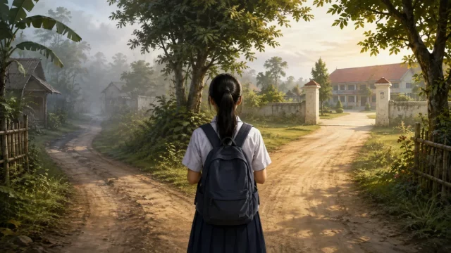 Ilustrasi seorang siswi berseragam berdiri di persimpangan jalan desa menuju gerbang sekolah.