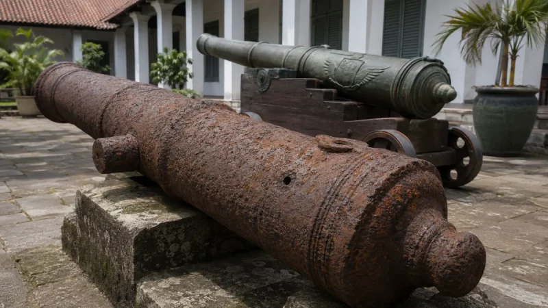 Ilustrasi meriam besi tua berkarat di atas landasan batu dengan lubang sundut terlihat jelas, berlatar meriam perunggu berpatina hijau di atas kereta kayu jati di beranda gedung museum bergaya kolonial