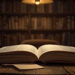 Ilustrasi dua buku terbuka di meja kayu perpustakaan