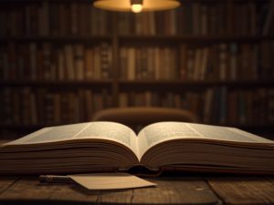 Ilustrasi dua buku terbuka di meja kayu perpustakaan