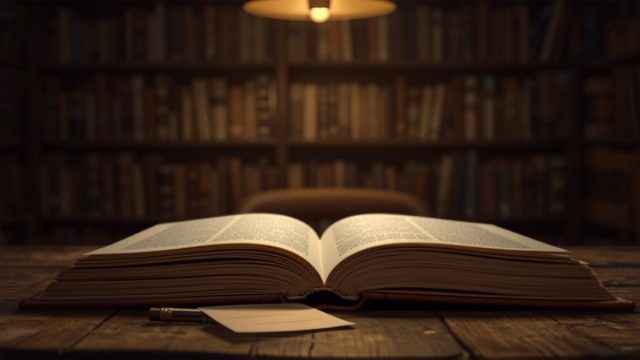 Ilustrasi dua buku terbuka di meja kayu perpustakaan