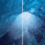 Ilustrasi gua es glasial Alpen dengan dinding es biru tembus cahaya