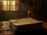 Ilustrasi tumpukan koran berbahasa Melayu ejaan lama era 1920-an di atas meja kayu