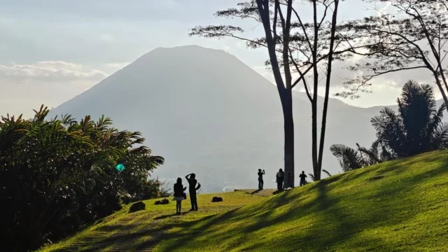 Bukit berumput dengan latar gunung di Tomohon, Sulawesi Utara
