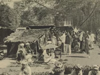 Foto hitam putih pasar Payakumbuh sekitar 1910 dengan los beratap rumbia, pedagang duduk beralas tikar, dan keranjang hasil bumi di tanah