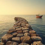 Ilustrasi dermaga batu menjorok ke laut dangkal dengan perahu nelayan di kejauhan