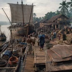 Ilustrasi pelabuhan sungai di delta Brantas dengan kapal dagang berlayar segi empat bersandar, kuli memikul bal kain bercelup nila menuruni titian papan, gudang beratap daun dan teras bata merah di tepi muara