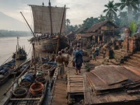 Ilustrasi pelabuhan sungai di delta Brantas dengan kapal dagang berlayar segi empat bersandar, kuli memikul bal kain bercelup nila menuruni titian papan, gudang beratap daun dan teras bata merah di tepi muara