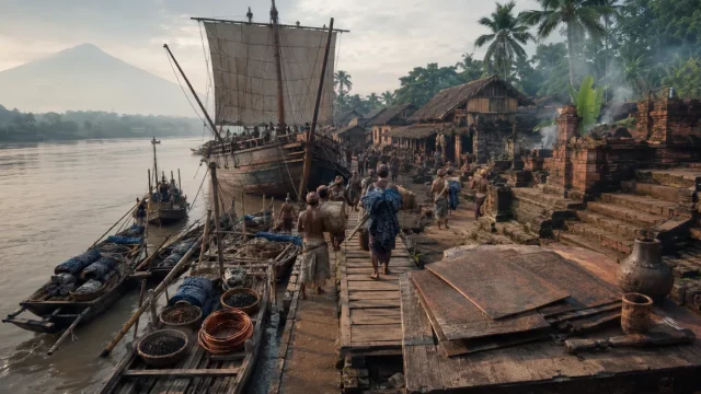 Ilustrasi pelabuhan sungai di delta Brantas dengan kapal dagang berlayar segi empat bersandar, kuli memikul bal kain bercelup nila menuruni titian papan, gudang beratap daun dan teras bata merah di tepi muara