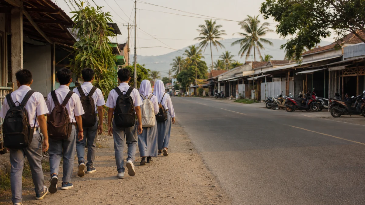 Sekelompok pelajar berseragam berjalan pulang di tepi jalan sebuah kota kecil.