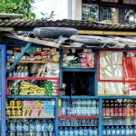 Warung kelontong kecil di pinggir jalan dengan aneka barang dagangan tertata di raknya