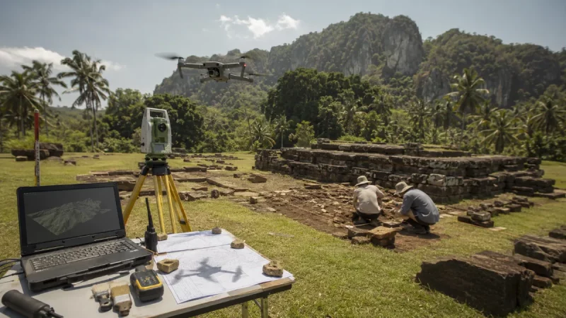 Ilustrasi drone melayang di atas teras batu situs candi yang sedang digali, dengan alat ukur total station bertripod, layar model permukaan tanah, dan dua pekerja lapangan bertopi lebar