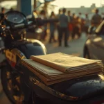 Sepeda motor dengan tumpukan dokumen di atas joknya terparkir di samping mobil, dengan antrean warga yang buram di latar belakang