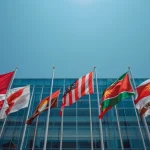 Bendera negara-negara anggota ASEAN berjajar di depan gedung markas besar