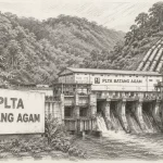 Ilustrasi sketsa PLTA Batang Agam di Kabupaten Lima Puluh Kota, Sumatera Barat, lengkap dengan bendungan dan pipa pesat di lereng bukit