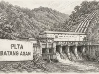 Ilustrasi sketsa PLTA Batang Agam di Kabupaten Lima Puluh Kota, Sumatera Barat, lengkap dengan bendungan dan pipa pesat di lereng bukit