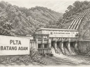 Ilustrasi sketsa PLTA Batang Agam di Kabupaten Lima Puluh Kota, Sumatera Barat, lengkap dengan bendungan dan pipa pesat di lereng bukit