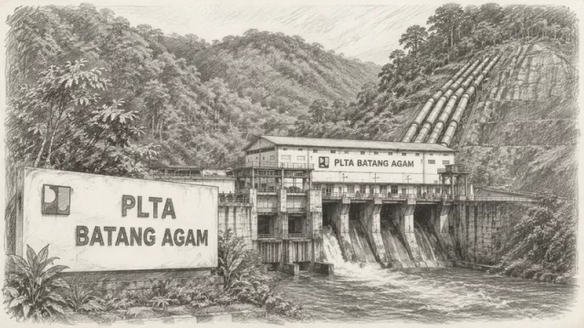 Ilustrasi sketsa PLTA Batang Agam di Kabupaten Lima Puluh Kota, Sumatera Barat, lengkap dengan bendungan dan pipa pesat di lereng bukit