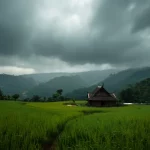 Awan hujan gelap menggantung di atas hamparan sawah hijau dan perbukitan berhutan, dengan sebuah rumah beratap gonjong di kejauhan