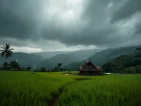 Awan hujan gelap menggantung di atas hamparan sawah hijau dan perbukitan berhutan, dengan sebuah rumah beratap gonjong di kejauhan