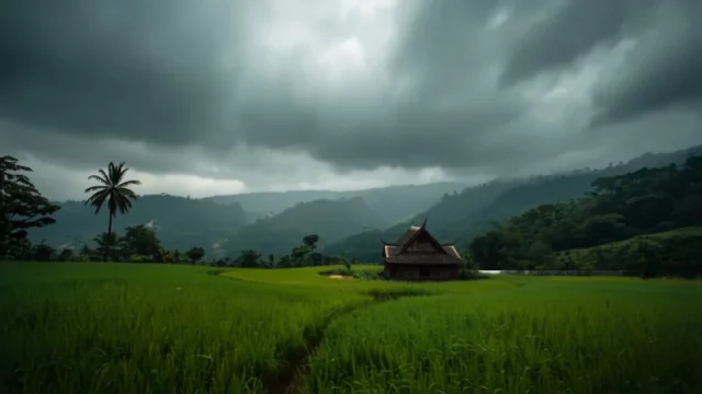 Awan hujan gelap menggantung di atas hamparan sawah hijau dan perbukitan berhutan, dengan sebuah rumah beratap gonjong di kejauhan