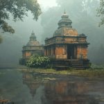 Ilustrasi struktur bata merah candi tua di tepi kanal dikelilingi hutan rawa