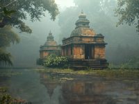 Ilustrasi struktur bata merah candi tua di tepi kanal dikelilingi hutan rawa