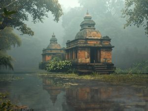 Ilustrasi struktur bata merah candi tua di tepi kanal dikelilingi hutan rawa