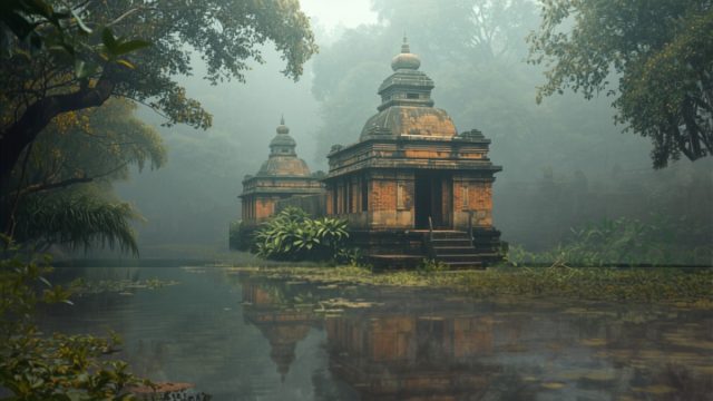 Ilustrasi struktur bata merah candi tua di tepi kanal dikelilingi hutan rawa
