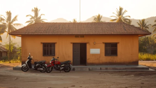 Bangunan puskesmas satu lantai berdinding polos di kawasan perdesaan dengan beberapa sepeda motor terparkir di halamannya